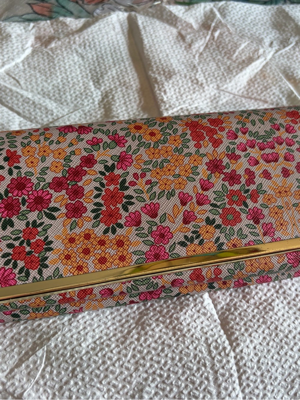 Floral Print Clutch Wallet in Pink & Orange with Gold Trim